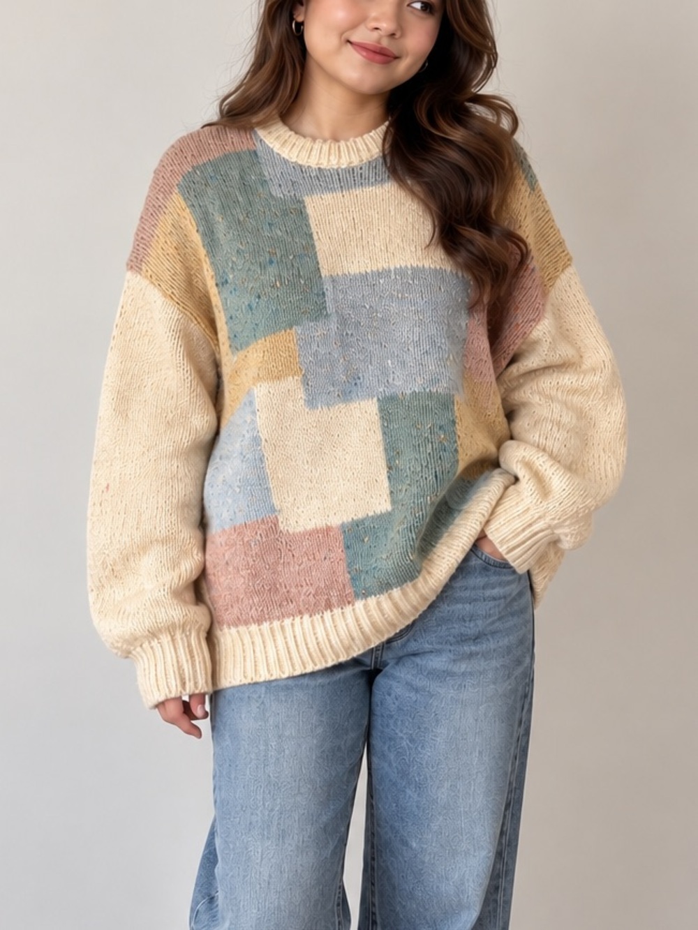 Vintage 100% Wool Heritage Ireland Pastel PatchWork Chunky Knit Sweater Fall Top